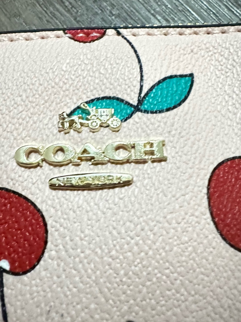 COACH Pink Cherry Print Leather Crossbody with Teal Leaves